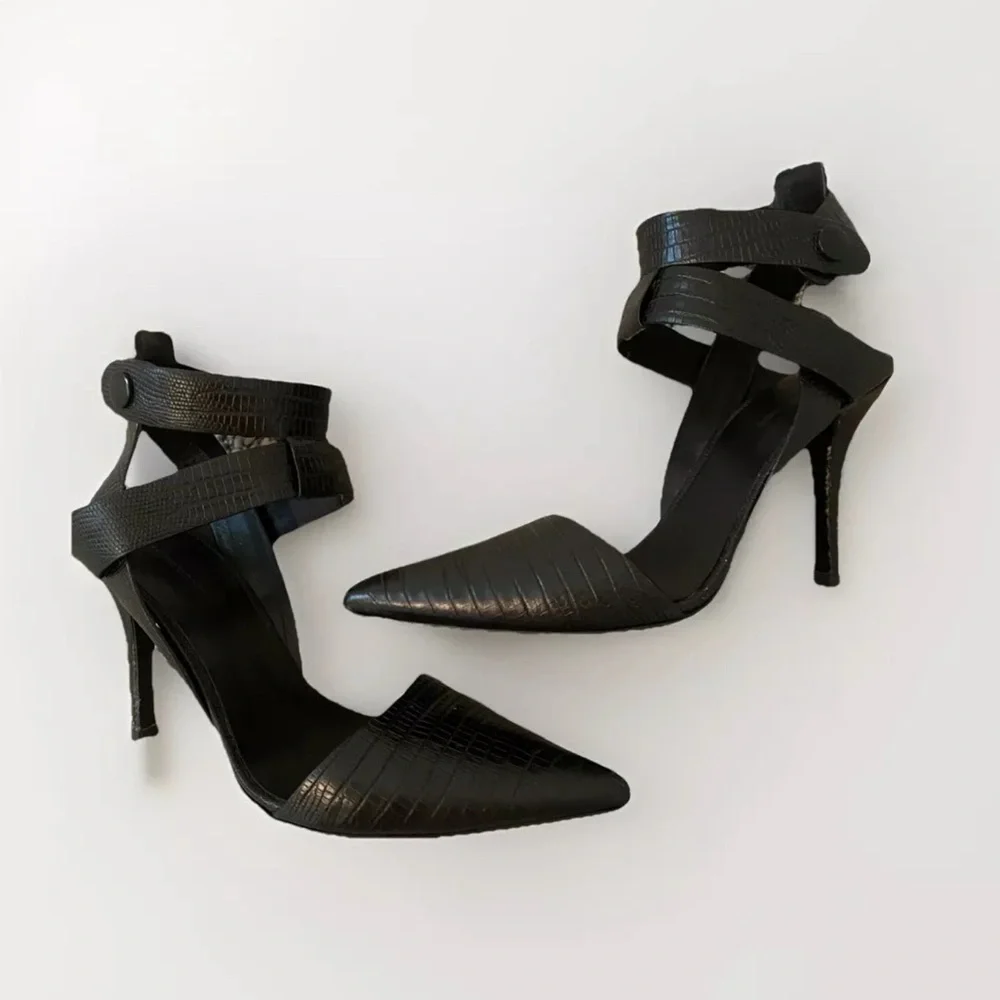 🛑SOLD🛑 Alexander Wang Sonja Heels Size 39 8.5 Black Point Toe Reptile Designer - Picture 1 of 12